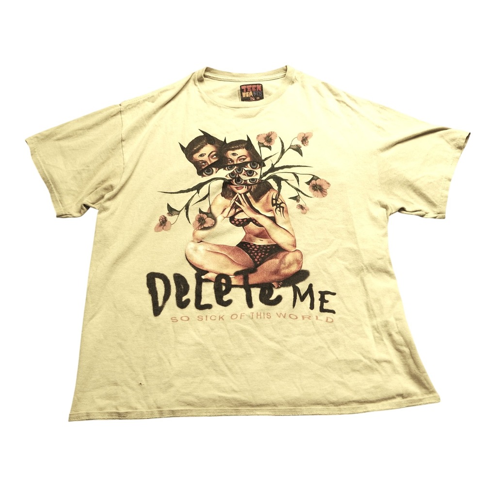 Teen Hearts Mens Delete Me Graphic Tee Tan Surrealist Multi Eye Shirt XL Grunge
